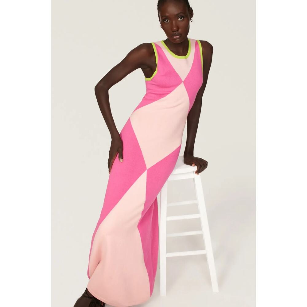Victor Glemaud Colorblock Sweater Knit Maxi Dress Pink Berry Harlequin Size M